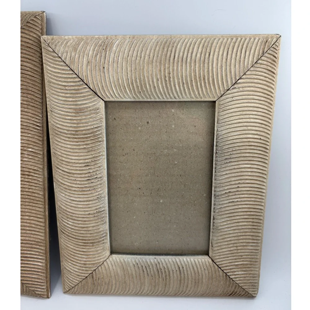 Vintage 1980s Carved Reeded Wood Picture Frame Set 2 Pair Postmodern Deco Boho